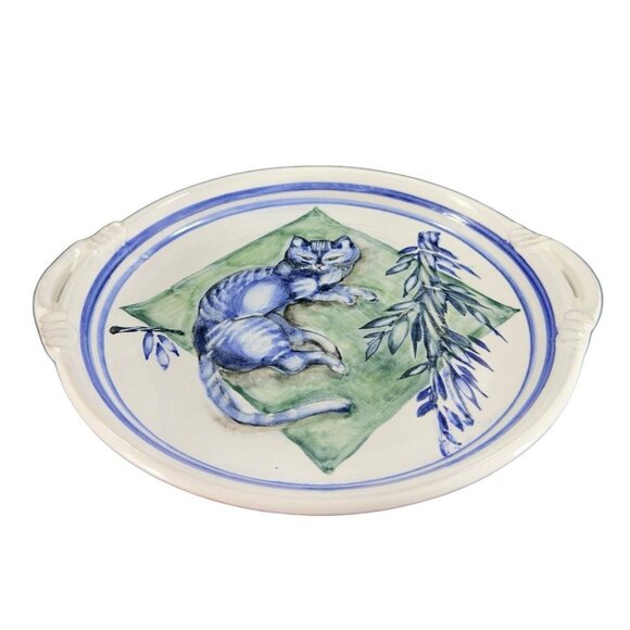 Hand Made Folk Art RedWare Dish Platter Blue Cat Kitty With Handles Marked VTG - Picture 8 of 9